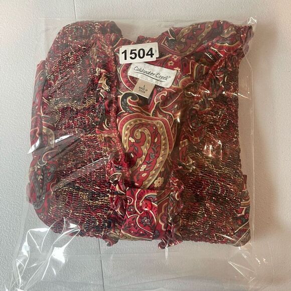 VTG Coldwater creek Womens BLouse Red‎ Large Paisley 100% Silk Vneck Ruffle Boho - Picture 10 of 10